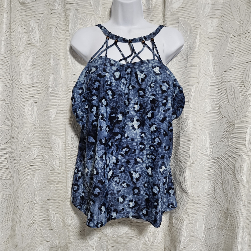 New Directions Blue Lepard Print Strappy Swim Top/Tankini 2X